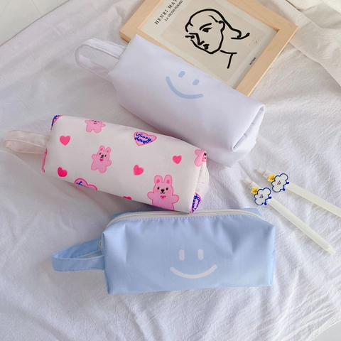 Large Capacity Pencil Case Polyester Zipper Stationery Bag With Portable Handle For Girls Students Minimalist Ins Style