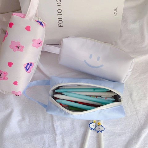 Large Capacity Pencil Case Polyester Zipper Stationery Bag With Portable Handle For Girls Students Minimalist Ins Style