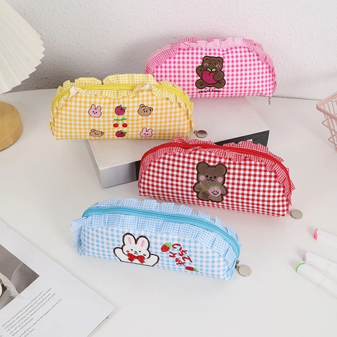 Plaid Pencil Case Large Capacity Polyester Gingham Stationery Pouch With Ruffle Trim And Cartoon Embroidery For Students Girls