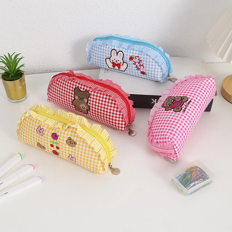 Plaid Pencil Case Large Capacity Polyester Gingham Stationery Pouch With Ruffle Trim And Cartoon Embroidery For Students Girls