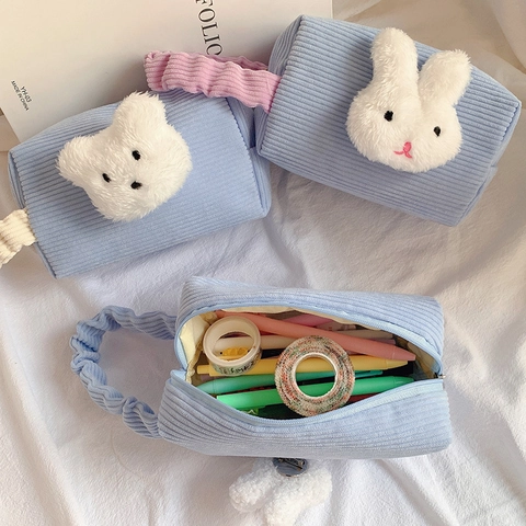 Simpatico Astuccio in Velluto a Coste Grande Capacità Borsa da Cancelleria Con Decorazione 3D Peluche Coniglio Orso Manico Arricciato