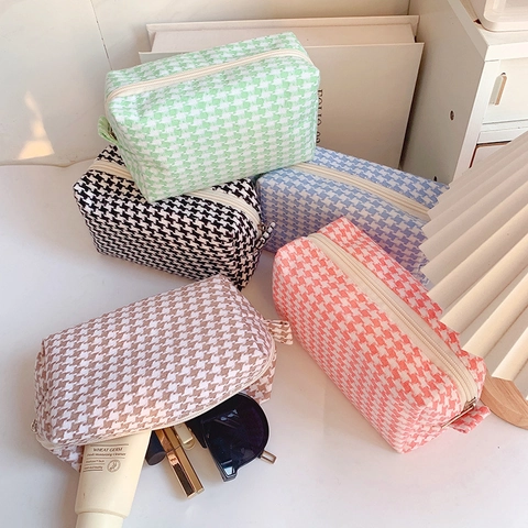 Houndstooth Pattern Cotton Fabric Pencil Case Large Capacity Makeup Bag With Zipper Stationery Storage Pouch For School Travel Women