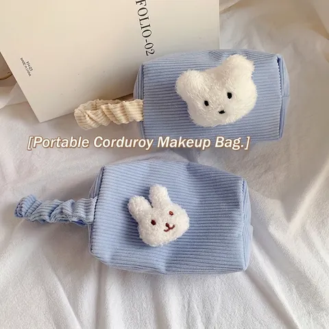 Simpatico Astuccio in Velluto a Coste Grande Capacità Borsa da Cancelleria Con Decorazione 3D Peluche Coniglio Orso Manico Arricciato