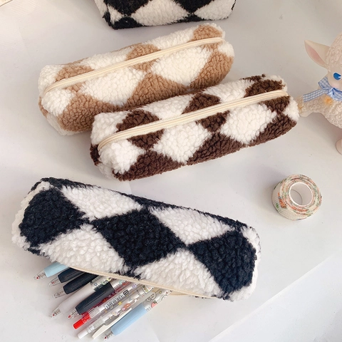 Astuccio In Peluche A Scacchi Lana Di Agnello Grande Capacità Organizzatore Di Cancelleria Chiusura Con Cerniera Per Studenti