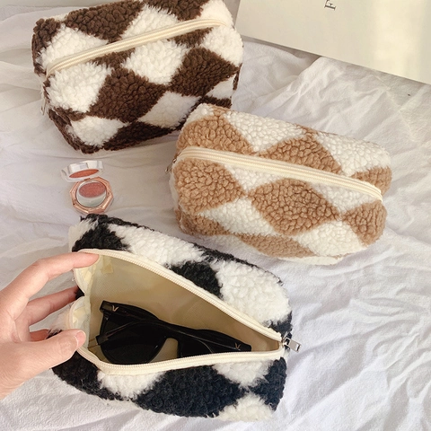 Astuccio In Peluche A Scacchi Lana Di Agnello Grande Capacità Borsa Per Cosmetici Per Studenti Ufficio Scuola
