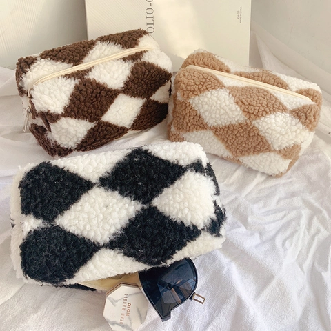 Astuccio In Peluche A Scacchi Lana Di Agnello Grande Capacità Borsa Per Cosmetici Per Studenti Ufficio Scuola