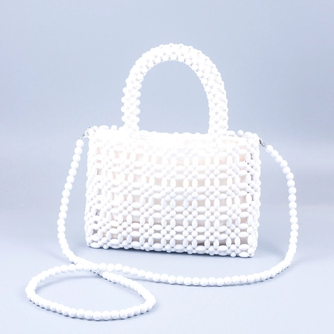 Borsa a Tracolla in Perline Fatta a Mano da Donna Borsa a Mano con Reticolo Geometrico Cavo con Perline in Acrilico