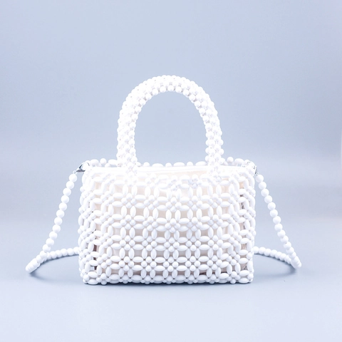 Borsa a Tracolla in Perline Fatta a Mano da Donna Borsa a Mano con Reticolo Geometrico Cavo con Perline in Acrilico