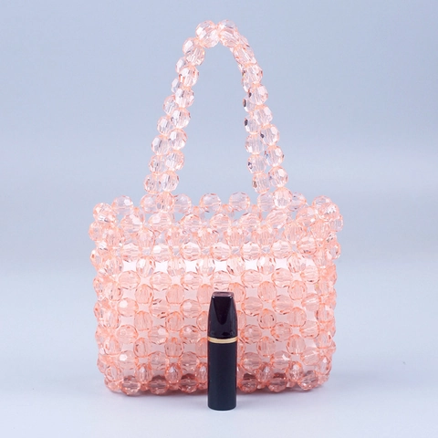 Mini Bolso De Mano Tejido A Mano Con Cuentas De Acrílico Transparentes Color Gelatina Dulce Bolso Tote Con Cuentas Facetadas Para Mujer