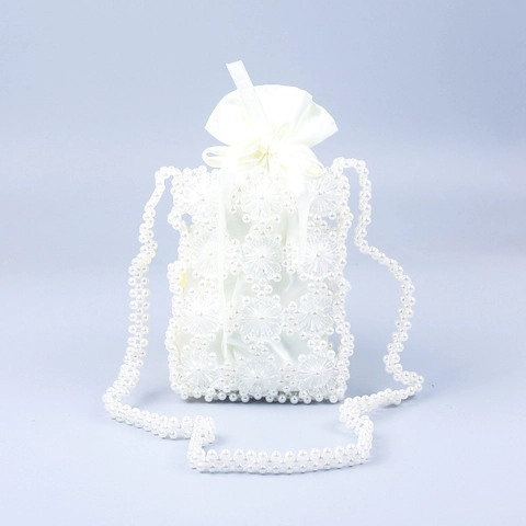 Women Handmade Faux Artificial Pearl Beaded Crossbody Bag Mini Acrylic Flower Woven Phone Pouch With Drawstring Lining Elegant