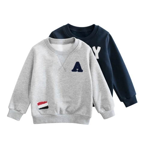 Sweat-Shirt À Col Rond Pour Garçons Mélange De Coton Doublure Polaire Manches Longues Applique Lettre Pull Décontracté Enfant