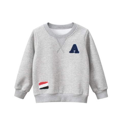 Sweat-Shirt À Col Rond Pour Garçons Mélange De Coton Doublure Polaire Manches Longues Applique Lettre Pull Décontracté Enfant