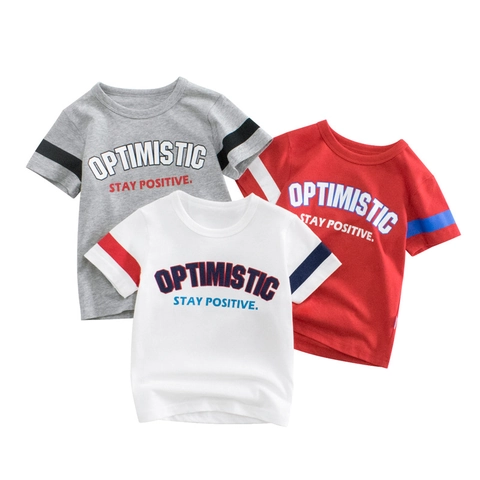Boys Kids Cotton Short Sleeve T-Shirt Casual Letter Print Striped Cuffs Round Neck Summer Top