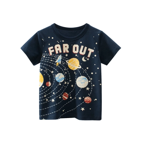 Boys T-Shirt Pure Cotton Short Sleeve Summer Space Rocket Planet Navy Blue Crew Neck Soft Breathable Casual Kids Top