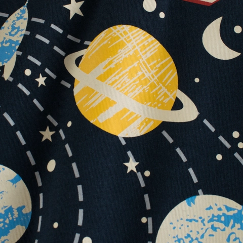 Boys T-Shirt Pure Cotton Short Sleeve Summer Space Rocket Planet Navy Blue Crew Neck Soft Breathable Casual Kids Top