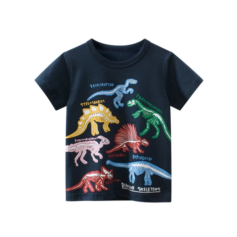 Jungen T-Shirt Mit Dinosaurier Skelett Print Kurzarm Reine Baumwolle Rundhalsausschnitt Sommer Oberteil