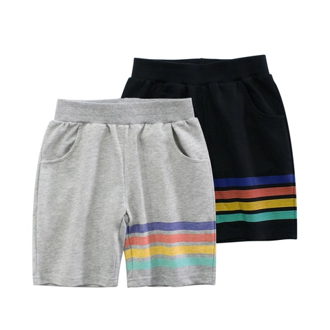 Boys Casual Cotton Shorts Elastic Waist Side Pockets Rainbow Stripes Breathable Summer Kids Bottoms