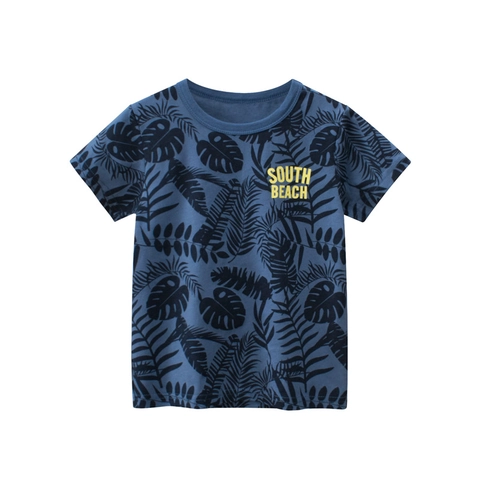 Boys Casual Cotton Short Sleeve T-Shirt Tropical Palm Leaf Print Round Neck Top Kids Summer Beach Fashion Clothes Navy Blue