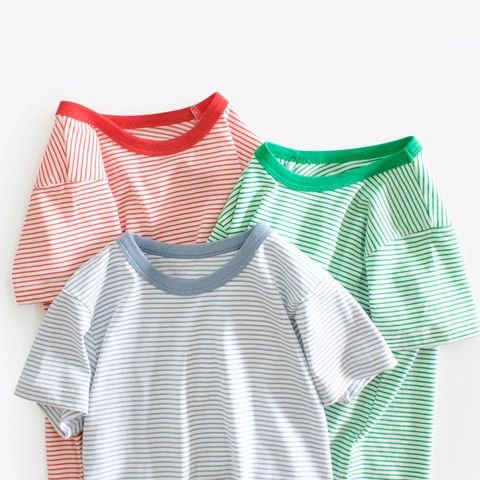 Kids Casual Cotton Striped T-shirt Short Sleeve Round Neck Summer Breathable Top For Boys Girls Children Clothing