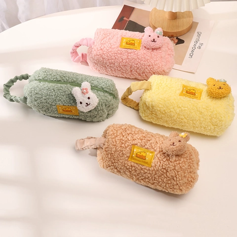Kawaii Pluche Lamswol Etui Schattige 3D Dier Decor Grote Capaciteit Briefpapier Tas Draagbaar Handvat Voor Meisjes Studenten
