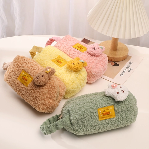 Kawaii Pluche Lamswol Etui Schattige 3D Dier Decor Grote Capaciteit Briefpapier Tas Draagbaar Handvat Voor Meisjes Studenten