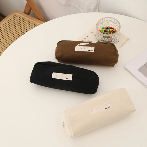 Canvas Pencil Case Large Capacity Simple Solid Color Stationery Pouch For Students School Office Zipper Storage Bag