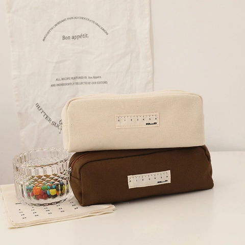 Canvas Pencil Case Large Capacity Simple Solid Color Stationery Pouch For Students School Office Zipper Storage Bag