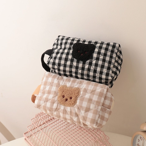 Borsa Da Toilette Trapuntata A Quadretti Patch Orso Custodia Da Viaggio Portatile Astuccio Per Cancelleria
