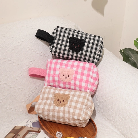 Borsa Da Toilette Trapuntata A Quadretti Patch Orso Custodia Da Viaggio Portatile Astuccio Per Cancelleria