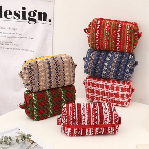 Gebreid Garen Etui Grote Capaciteit Cosmetische Make-Up Tas Noordse Jacquard Rits Draagbare Opbergtas Retro Stijl