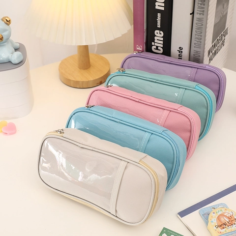 Astuccio Per Matite In Tela Grande Capacità Con Finestra In PVC Trasparente Borsa Per Cancelleria Minimalista Per Studenti