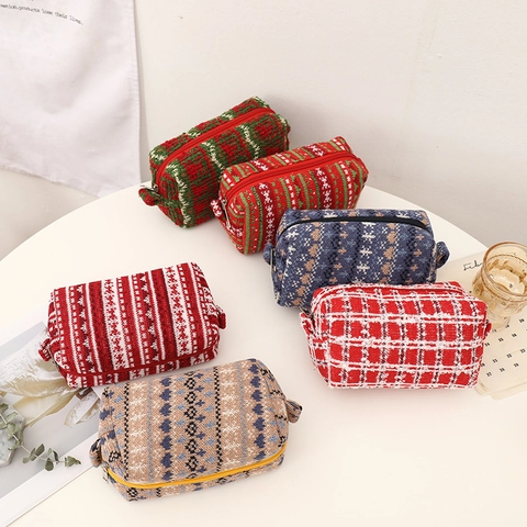 Gebreid Garen Etui Grote Capaciteit Cosmetische Make-Up Tas Noordse Jacquard Rits Draagbare Opbergtas Retro Stijl