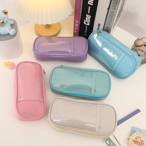Astuccio Per Matite In Tela Grande Capacità Con Finestra In PVC Trasparente Borsa Per Cancelleria Minimalista Per Studenti