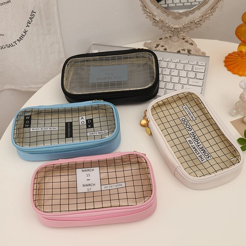 Large Capacity Pencil Case PU Leather Transparent Grid Mesh Zipper Stationery Bag Desktop Organizer For Girls School Office
