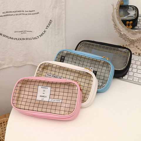 Large Capacity Pencil Case PU Leather Transparent Grid Mesh Zipper Stationery Bag Desktop Organizer For Girls School Office