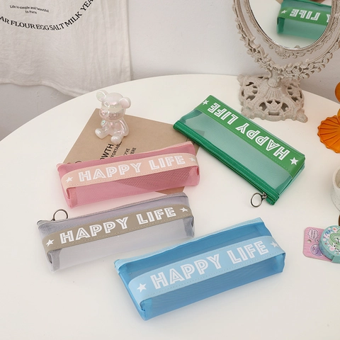 Estuche Para Lápices Minimalista De Malla De Nylon Transparente Con Lema Estampado Bolsa Con Cremallera Almacenamiento Papelería