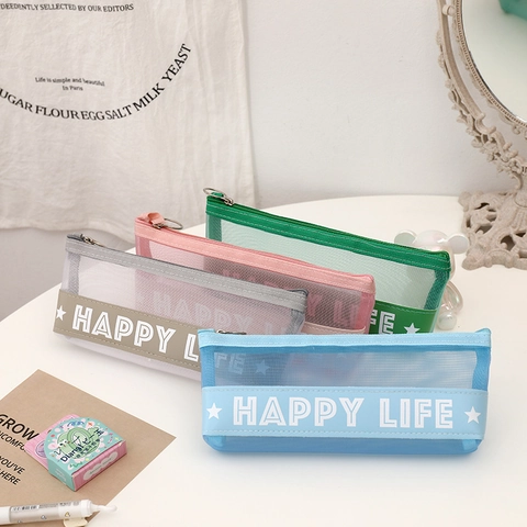 Estuche Para Lápices Minimalista De Malla De Nylon Transparente Con Lema Estampado Bolsa Con Cremallera Almacenamiento Papelería