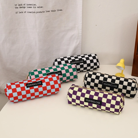 Canvas Pencil Case Large Capacity Checkerboard Pattern Stationery Bag Zipper Minimalist Ins Style For Students Girls Boys
