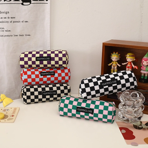 Canvas Pencil Case Large Capacity Checkerboard Pattern Stationery Bag Zipper Minimalist Ins Style For Students Girls Boys