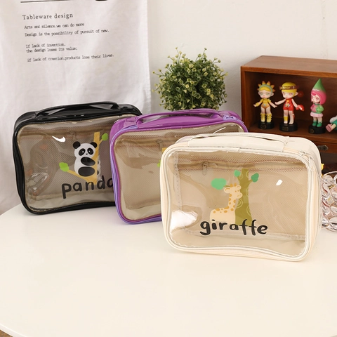Transparent Makeup Bag PVC PU Leather Cartoon Animal Toiletry Pouch With Handle For Travel School Stationery Storage