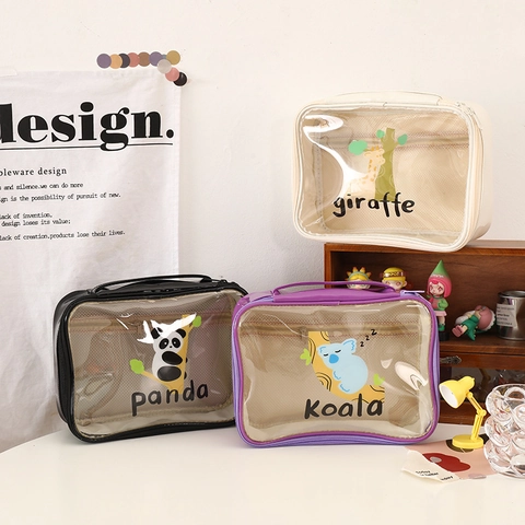 Transparent Makeup Bag PVC PU Leather Cartoon Animal Toiletry Pouch With Handle For Travel School Stationery Storage