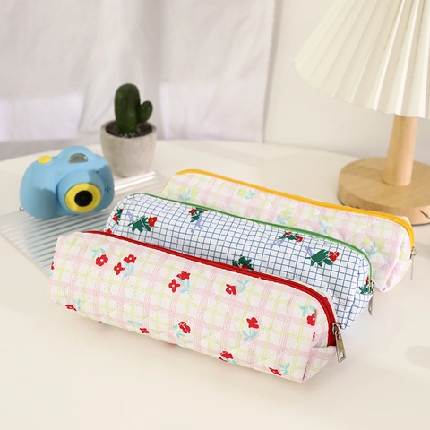 Gewatteerde Katoenen Etui Bloemen Ruit Schrijfwaren Tas Grote Capaciteit Ritszak Esthetische Organizer Voor Studenten