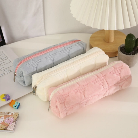Astuccio In Peluche Grande Capacità Cuore Trapuntato Morbido Borsa Per Cancelleria Per Studenti Scuola Ufficio Stile Coreano