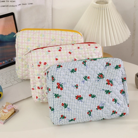 Borsa da Trucco Floreale in Cotone Trapuntato Grande Capacità Custodia Portaoggetti a Griglia Donna Astuccio per Matite Scolastiche