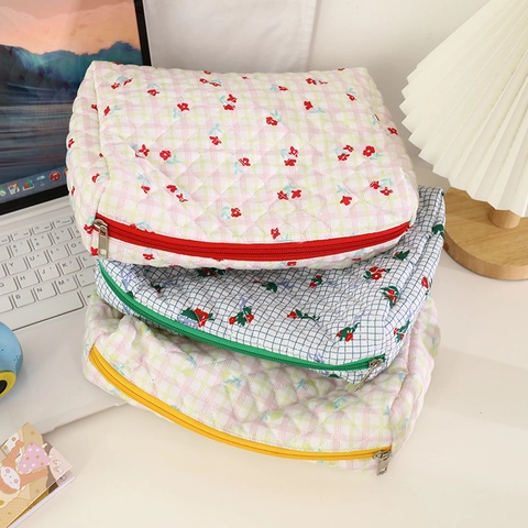 Borsa da Trucco Floreale in Cotone Trapuntato Grande Capacità Custodia Portaoggetti a Griglia Donna Astuccio per Matite Scolastiche