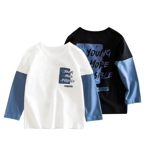 Boys False Two Piece Long Sleeve T-Shirt Cotton Korean Style Letter Print Autumn Kids Casual Streetwear Top