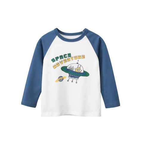 Boys Cotton Raglan Long Sleeve T-Shirt Space Adventure Alien UFO Print Casual Round Neck Pullover Spring Autumn Top
