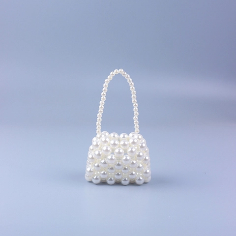 Handmade Imitation Artificial Pearl Beaded Clutch Bag Mini Square Woven Hollow Out Evening Party Handbag For Women White