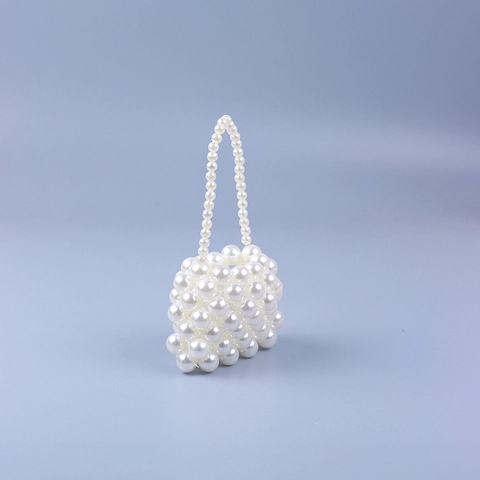 Handmade Imitation Artificial Pearl Beaded Clutch Bag Mini Square Woven Hollow Out Evening Party Handbag For Women White