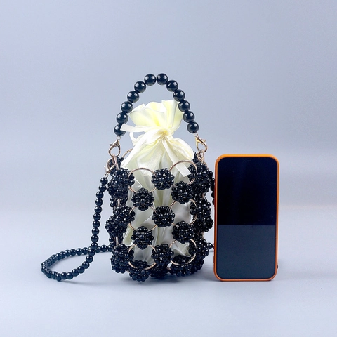 Handgefertigte Künstliche Perlen Handtasche Acryl Künstliche Perle Hohl Eimer Tasche Mit Kordelzug Satin Beutel Für Frauen Abendparty